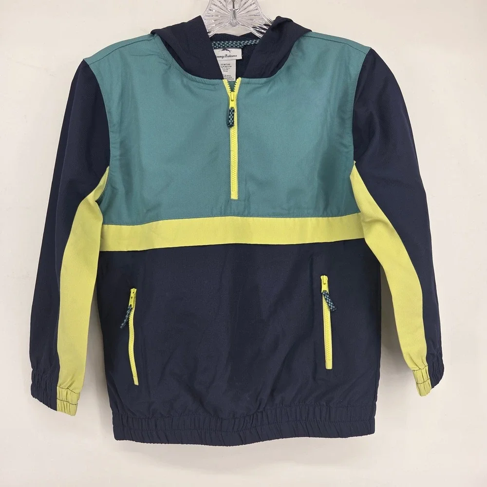 Tommy Bahama Windbreaker M 7/8 Blue Teal Yellow Hooded Jacket Sporty Coastal